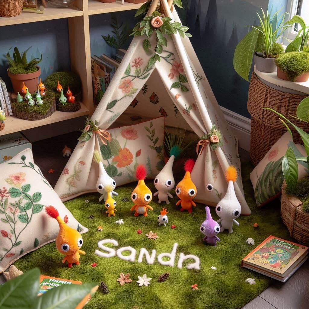 Un coin lecture inspire de pikmin ou la nature miniature prend vie un tapis mousseux evoquant le sol forestier parseme de motifs floraux et de petites creatures pikmin en peluche u