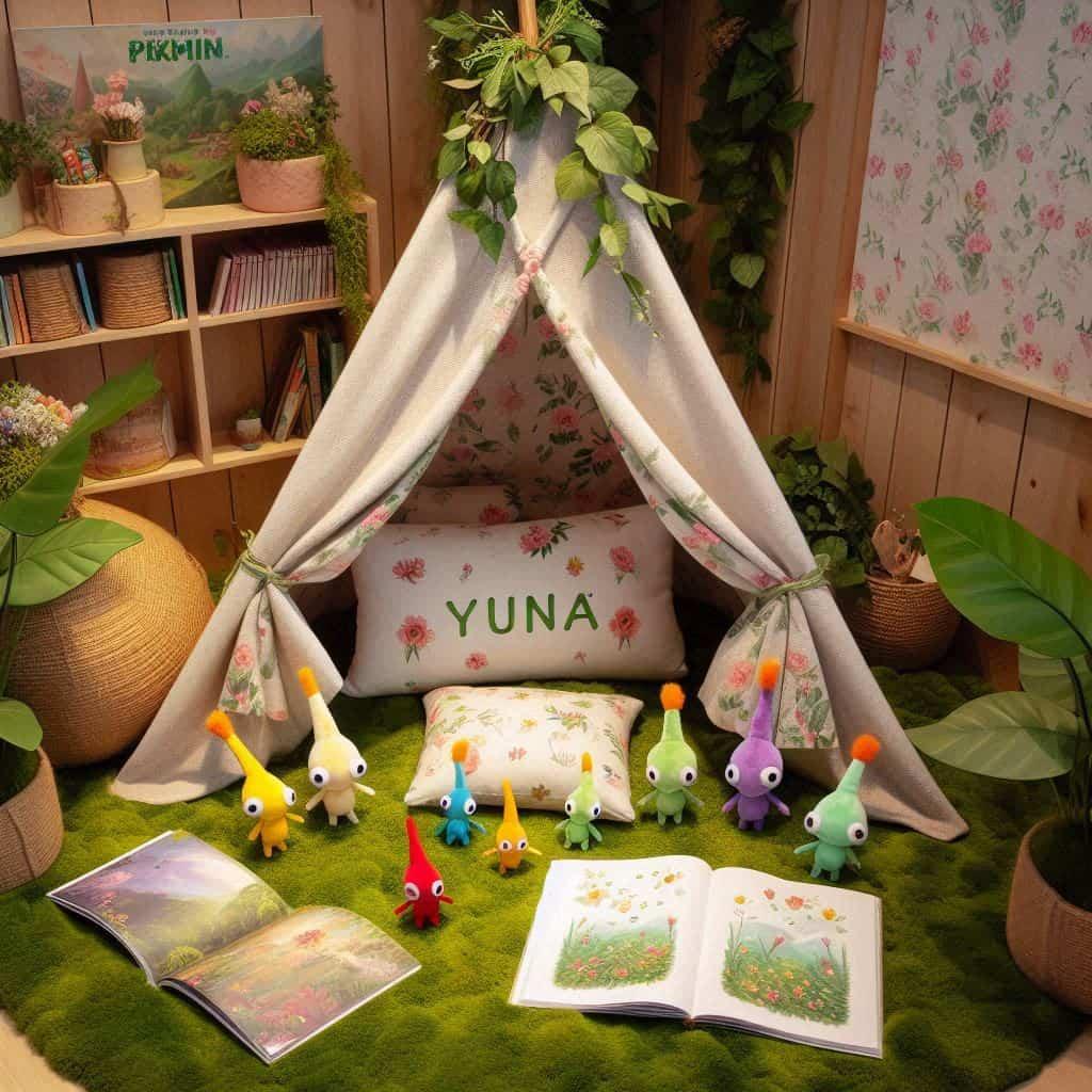 Un coin lecture inspire de pikmin personnalise avec le prenom yuna un tapis mousseux evoquant le sol forestier parseme de motifs floraux et de petites creatures pikmin en peluche u