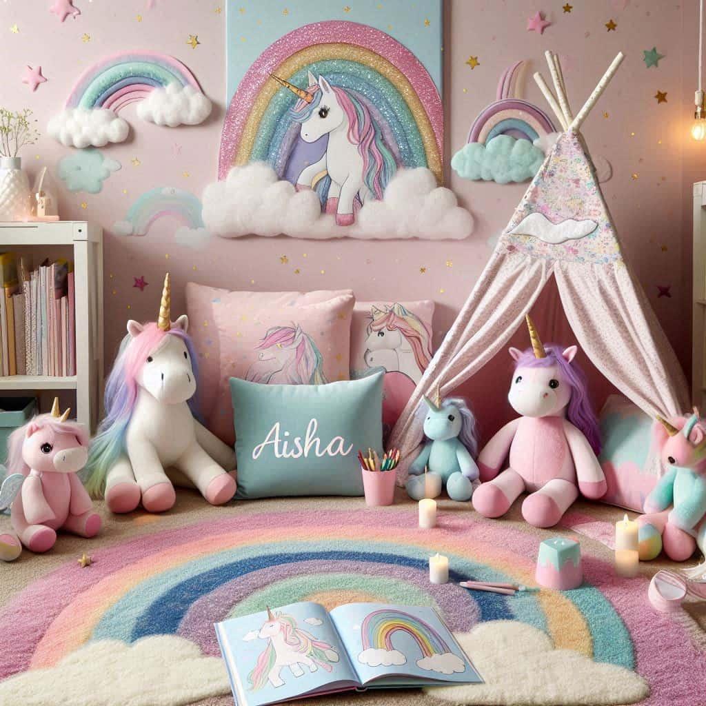 Un coin lecture inspire des licornes et arc en ciel avec des tons pastel et scintillants rappelant un univers feerique et enchante prenom aisha