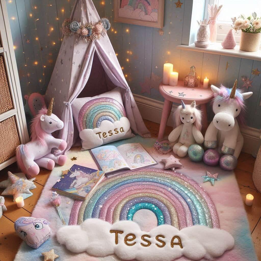 Un coin lecture inspire des licornes et arc en ciel avec des tons pastel et scintillants rappelant un univers feerique et enchante un tapis moelleux decore de nuages etoiles et arc