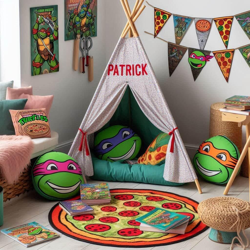 Coin lecture Tortues Ninja avec tapis pizza, tipi décoré, nunchakus et couverture brodée prénom Patrick.