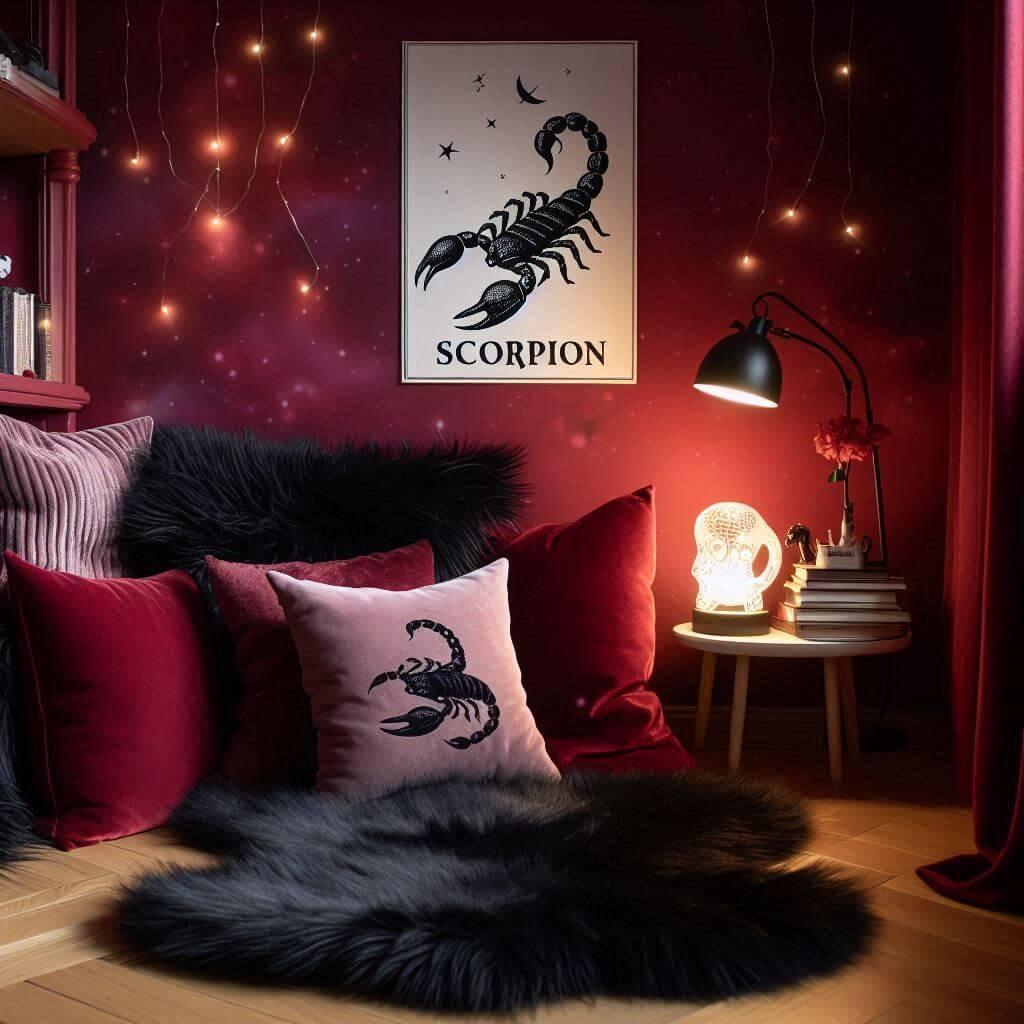 Un coin lecture magique et confortable avec des coussins moelleux et un tapis doux en velours et fausse fourrure noire le mur rouge profond accueille une jolie affiche du scorpion