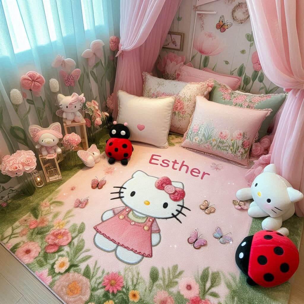 Coin lecture pour enfant sur le thème Hello Kitty et jardin enchanté, tons rose clair et vert clair évoquant la nature et la douceur printanière, tapis fleuri et peluches papillon.