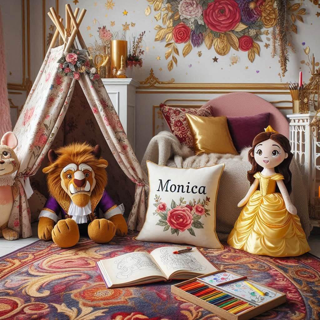 Un coin lecture pour enfant sur le theme de la belle et la bete avec des tons dores rouges et violets un tapis doux orne de motifs floraux et des peluches de belle de la bete et de