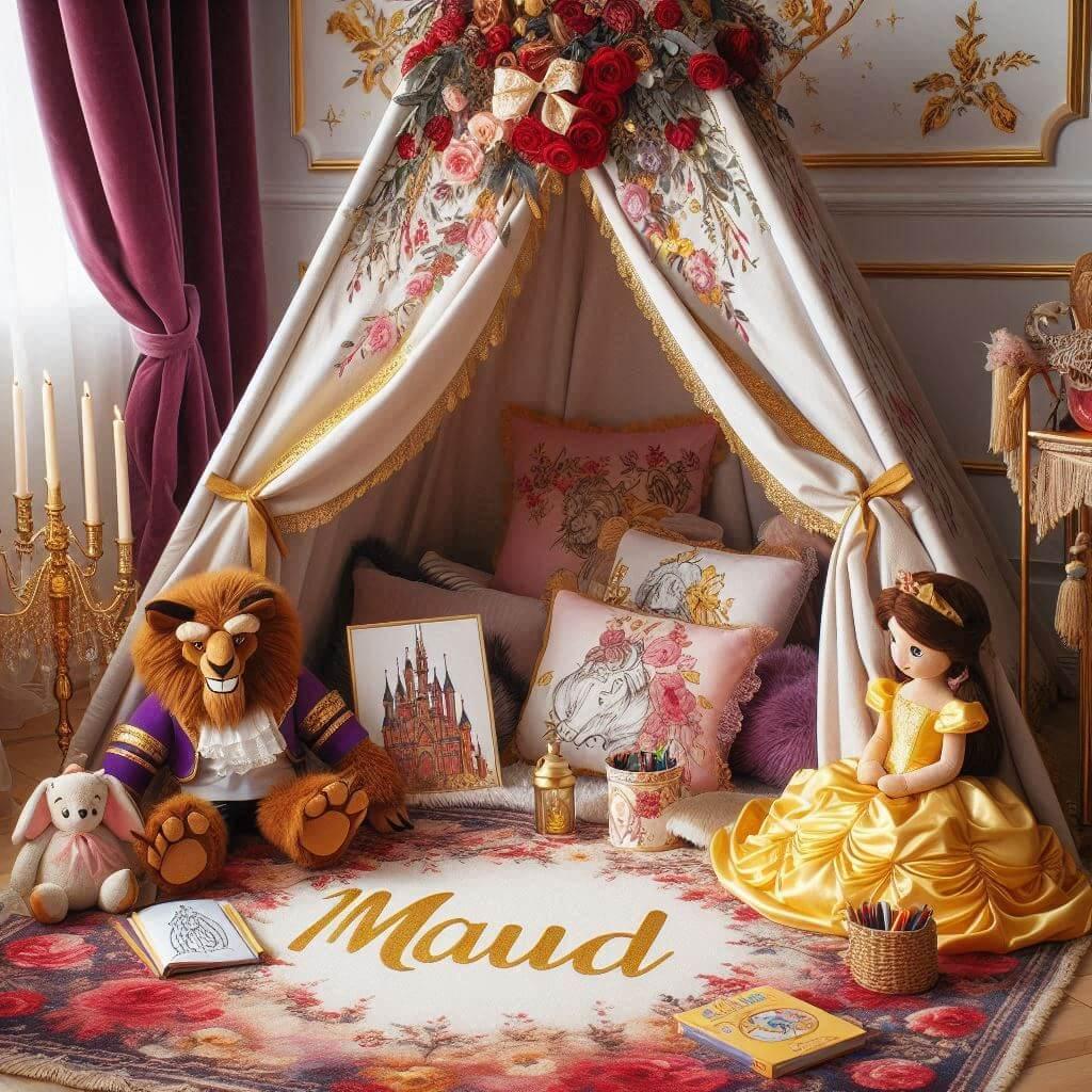 Un coin lecture pour enfant sur le theme de la belle et la bete, prenom maud