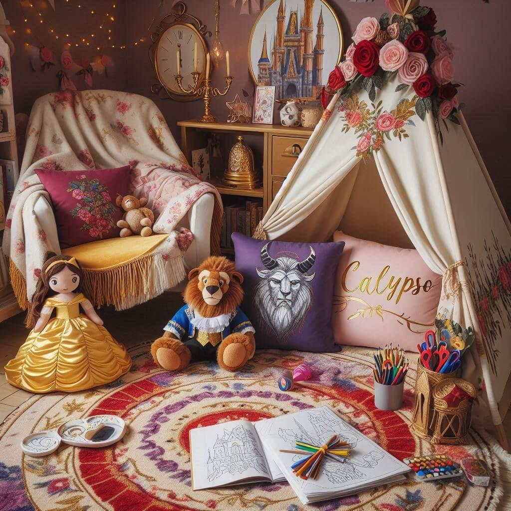 Un coin lecture pour enfant sur le theme de la belle et la bête, prenom Calypso