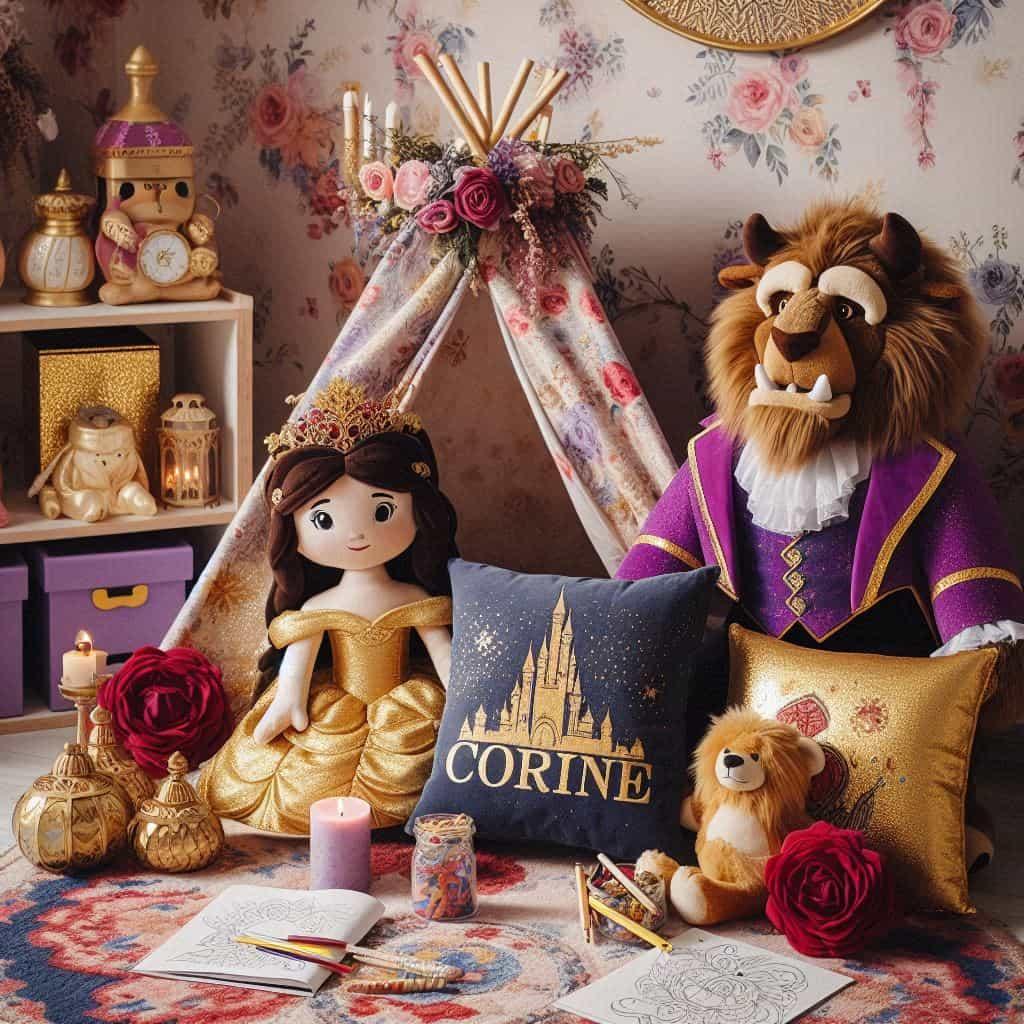 Un coin lecture pour enfant sur le theme de la belle et la bete personnalise avec le prenom corine