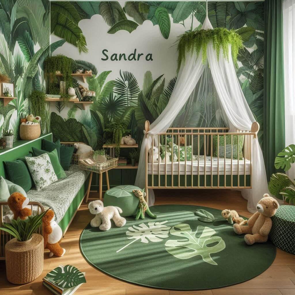 Un coin lecture pour enfant sur le theme de la jungle avec des tons verts evoquant la vegetation luxuriante berceau ciel de lit un tapis orne dun motif de feuilles et des peluches