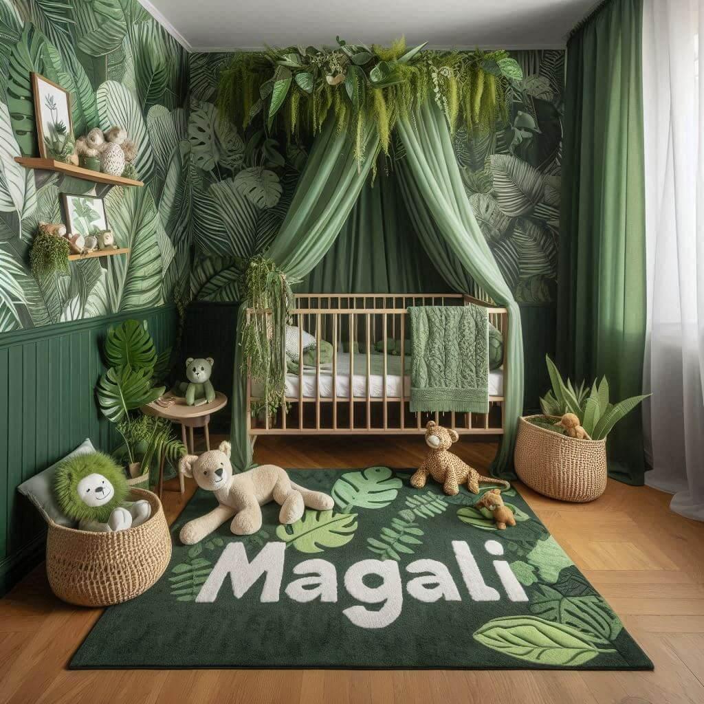 Un coin lecture pour enfant sur le theme de la jungle avec des tons verts evoquant la vegetation luxuriante berceau ciel de lit un tapis orne dun motif de feuilles et des peluches