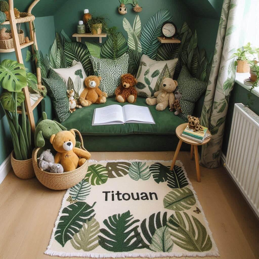 Un coin lecture pour enfant sur le theme de la jungle avec des tons verts evoquant la vegetation luxuriante un tapis orne d un motif de feuilles et des peluches animaux sauvages aj