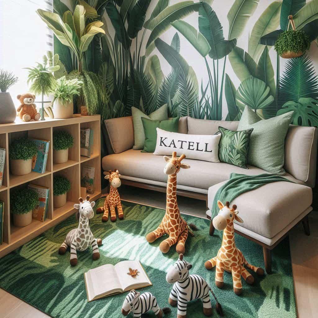 Un coin lecture pour enfant sur le theme de la jungle avec des tons verts evoquant la vegetation luxuriante un tapis orne dun motif de feuilles et des peluche girafe et zebre joute