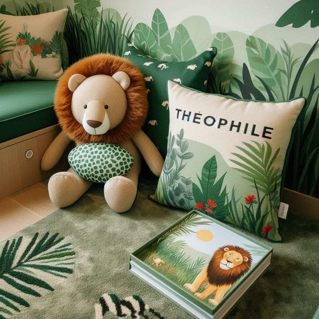 Un coin lecture pour enfant sur le theme de la jungle avec des tons verts evoquant la vegetation luxuriante un tapis orne dun motif de feuilles et une peluche lion une peluche zebr