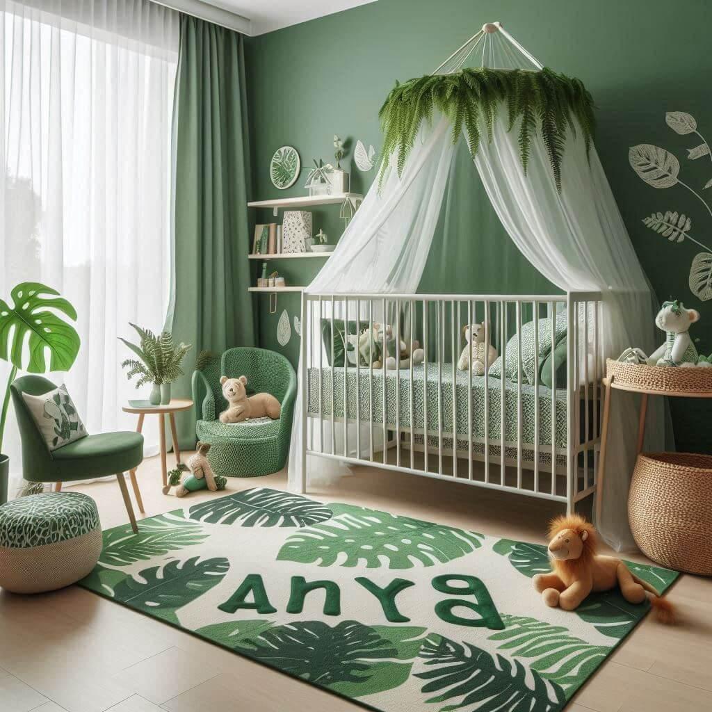 Un coin lecture pour enfant sur le theme de la jungle avec des tons verts berceau ciel de lit un tapis orne dun motif de feuilles et des peluches animaux sauvages ajoutent une touc