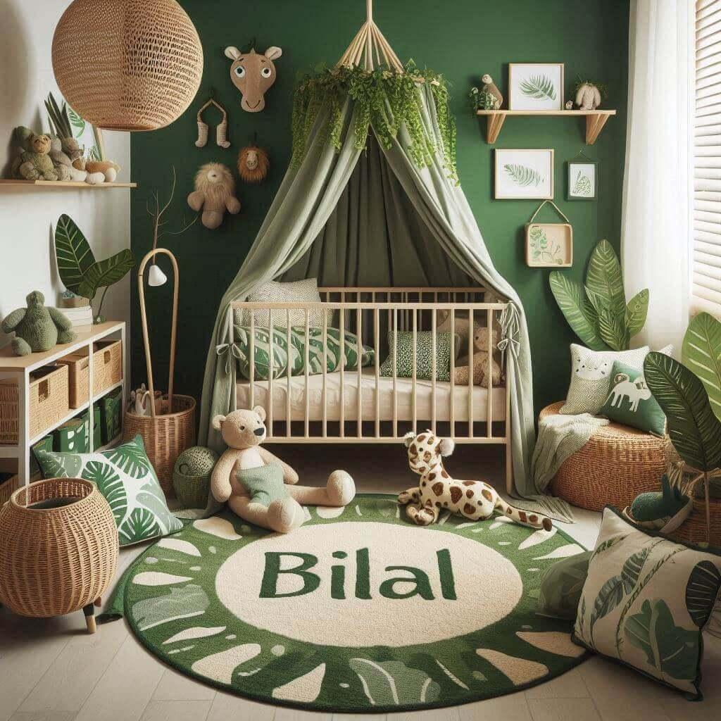 Un coin lecture pour enfant sur le theme de la jungle, prenom bilal