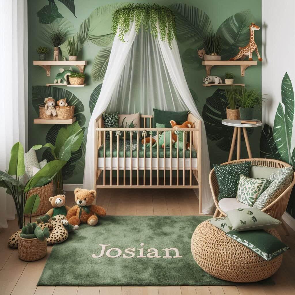 Un coin lecture pour enfant sur le theme de la jungle avec des tons verts berceau ciel de lit un tapis orne dun motif de feuilles et des peluches animaux sauvages ajoutent une touc