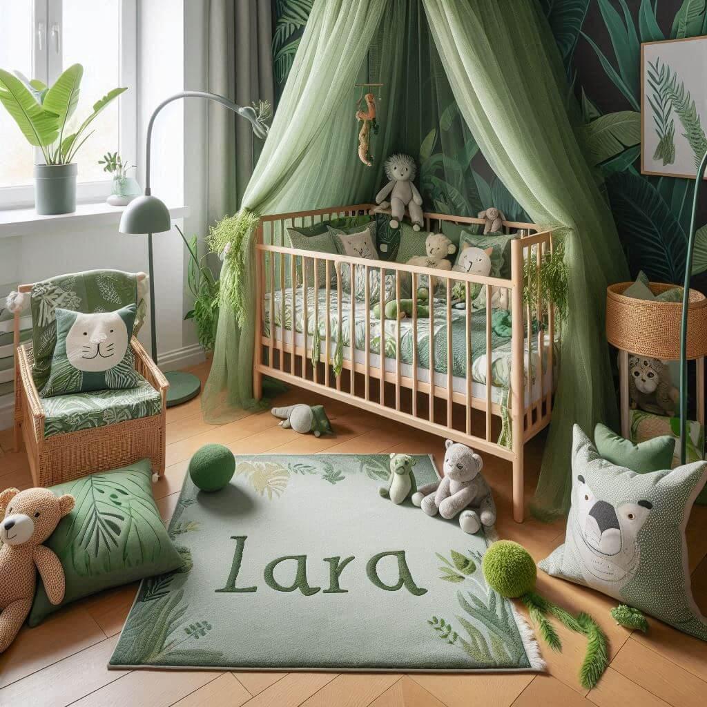 Un coin lecture pour enfant sur le theme de la jungle avec des tons verts berceau ciel de lit un tapis orne dun motif de feuilles et des peluches animaux sauvages ajoutent une touc