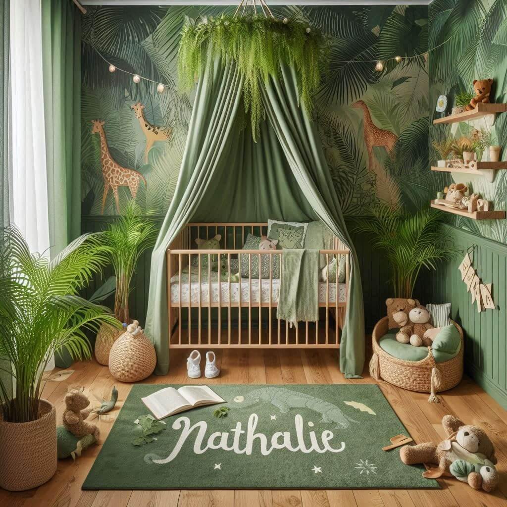 Un coin lecture pour enfant sur le theme de la jungle avec des tons verts berceau ciel de lit un tapis orne dun motif de feuilles et des peluches animaux sauvages ajoutent une touc