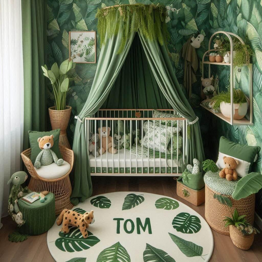 Un coin lecture pour enfant sur le theme de la jungle avec des tons verts berceau ciel de lit un tapis orne dun motif de feuilles et des peluches animaux sauvages ajoutent une touc