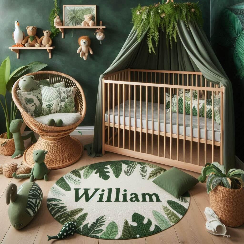 Un coin lecture pour enfant sur le theme de la jungle avec des tons verts berceau ciel de lit un tapis orne dun motif de feuilles et des peluches animaux sauvages ajoutent une touc