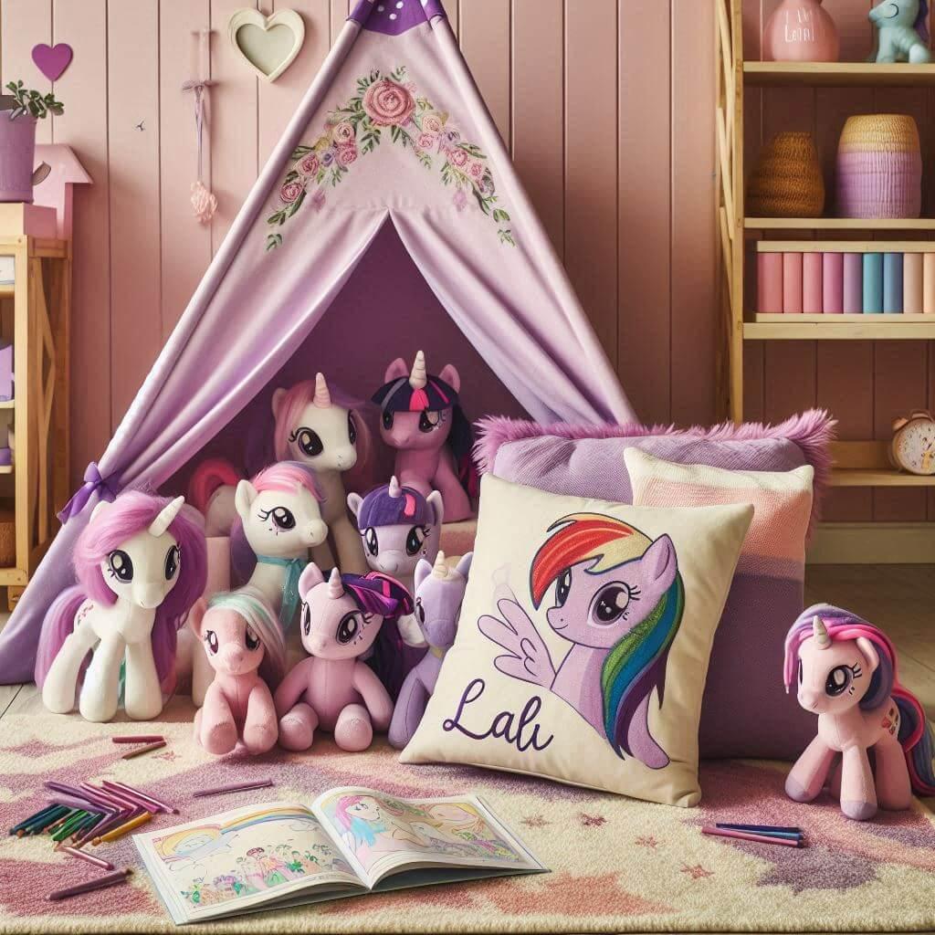 Un coin lecture pour enfant sur le theme de my little pony avec des tons violets roses et pastels motifs de licornes et des peluches de twilight sparkle rainbow dash prenom lali 1
