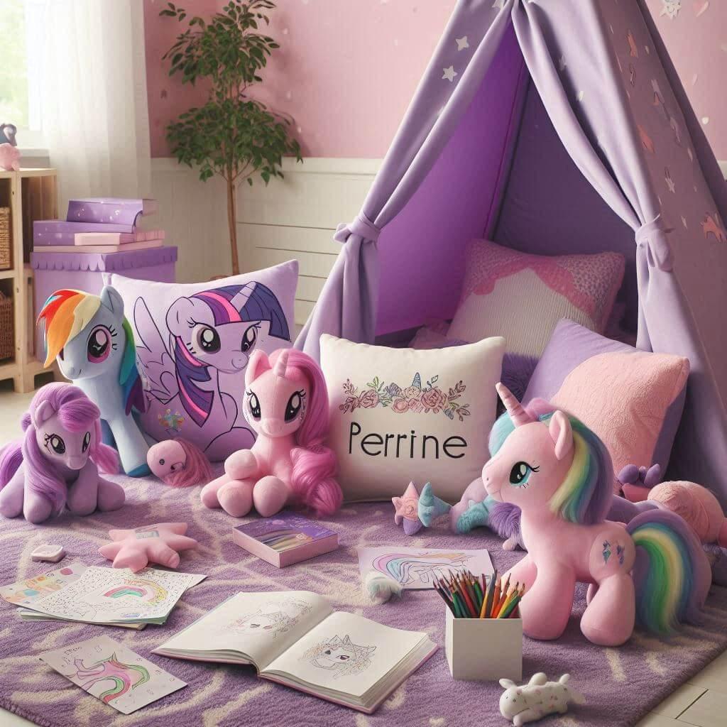 Un coin lecture pour enfant sur le theme de my little pony avec des tons violets roses et pastels un tapis doux orne de motifs de licornes et des peluches de twilight sparkle rainb