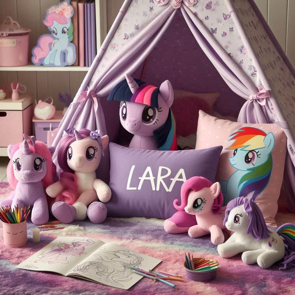 Un coin lecture pour enfant sur le theme de my little pony avec des tons violets roses et pastels un tapis doux orne de motifs de licornes et des peluches de twilight sparkle rainb