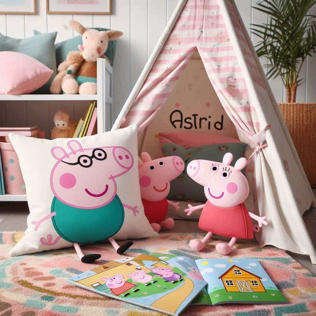 Un coin lecture pour enfant sur le theme de peppa pig avec des tons rose bleu et vert pastel prenom astrid
