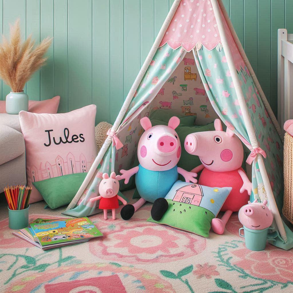 Un coin lecture pour enfant sur le theme de peppa pig avec des tons rose bleu et vert pastel un tapis doux orne de motifs de la ferme et des peluches peppa george personnalise avec