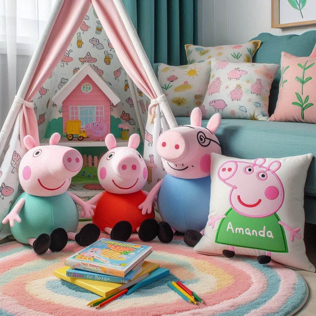 Un coin lecture pour enfant sur le theme de peppa pig avec le prenom amanda