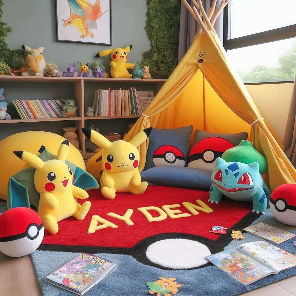 Un coin lecture pour enfant sur le theme de pokemon avec des tons jaune rouge et bleu inspires des celebres creatures et de leurs aventures prenom ayden