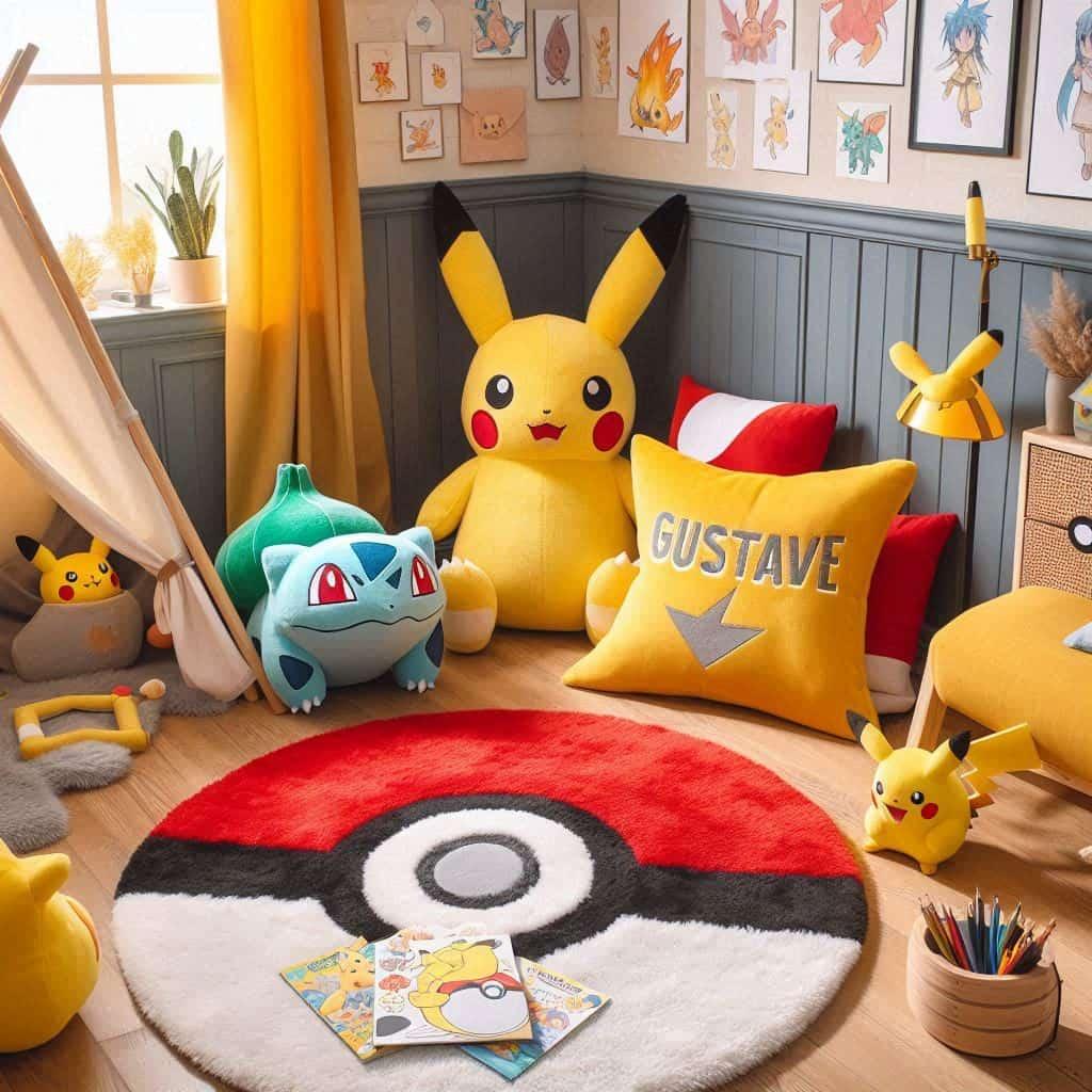 Un coin lecture pour enfant sur le theme de pokemon avec des tons jaune rouge et bleu inspires des celebres creatures et de leurs aventures prenom gustave