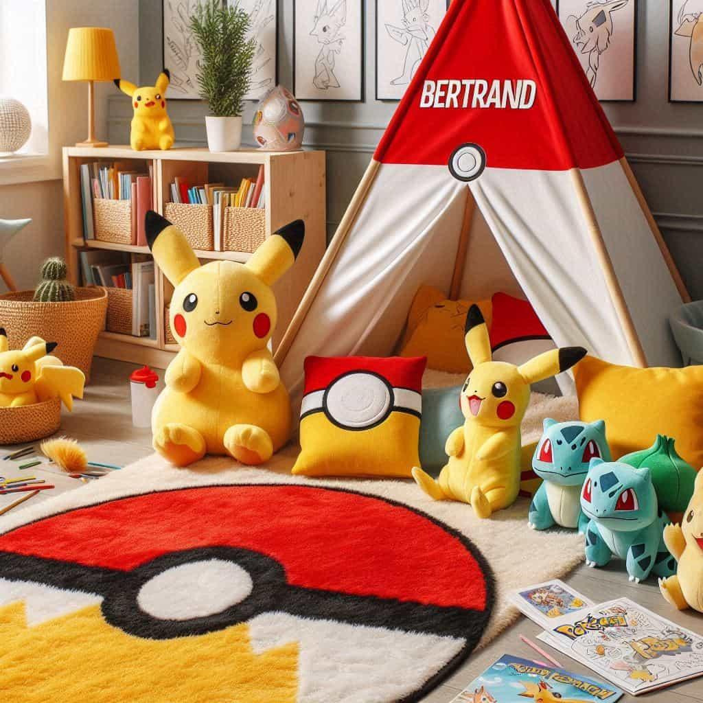 Un coin lecture pour enfant sur le theme de pokemon avec des tons jaune rouge et bleu inspires des celebres creatures et de leurs aventures prenom bertrand
