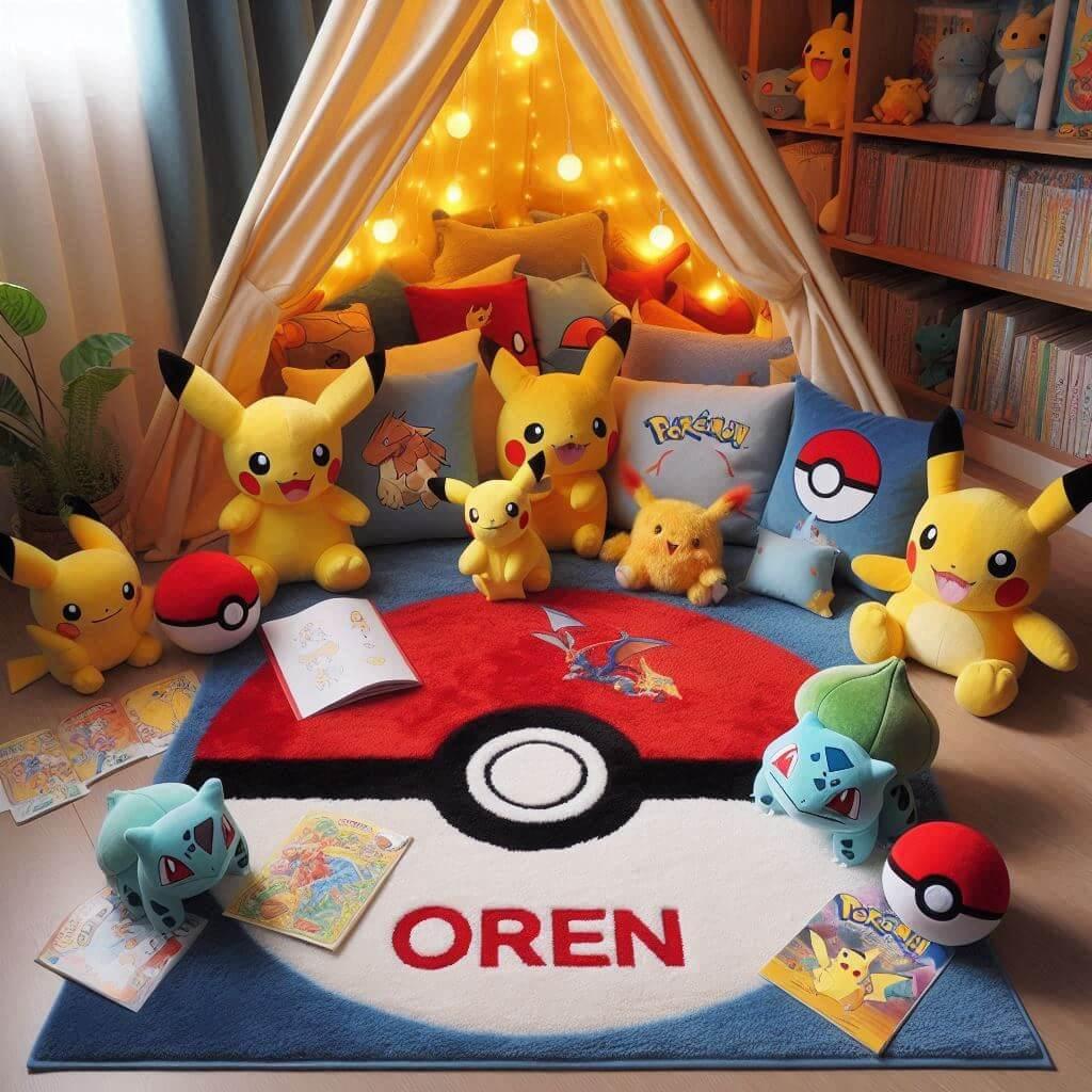Un coin lecture pour enfant sur le theme de pokemon avec des tons jaune rouge et bleu inspires des celebres creatures et de leurs aventures un tapis doux orne de motifs de pokeball