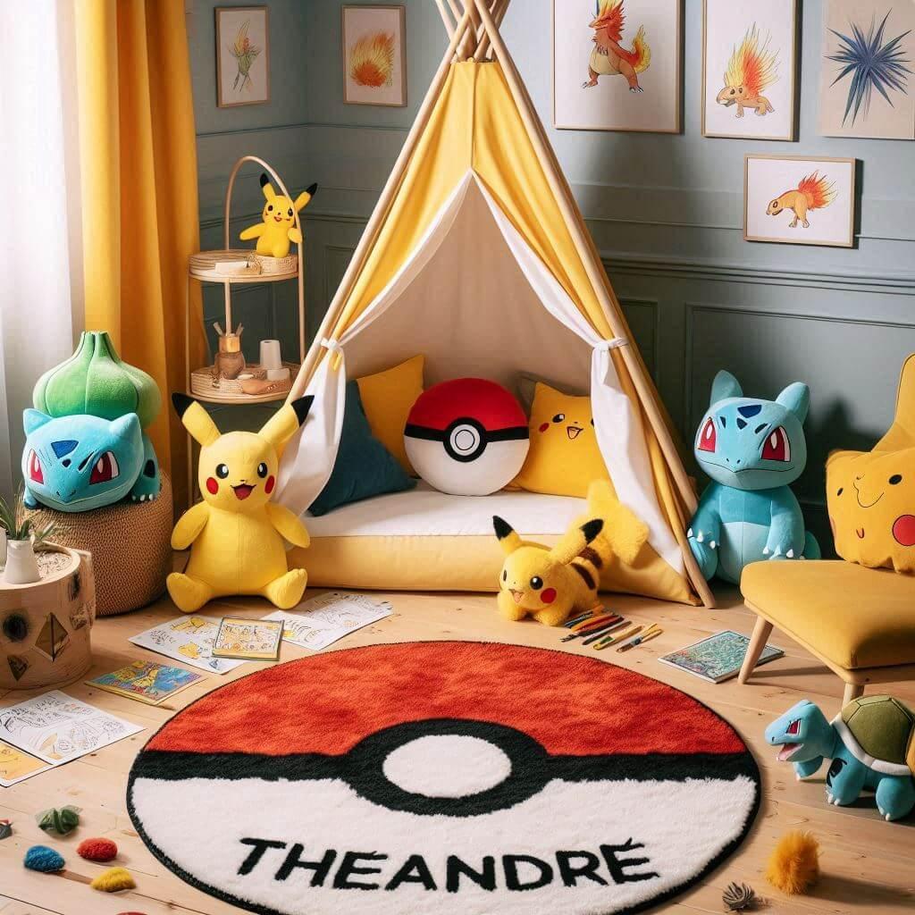 Un coin lecture pour enfant sur le theme de pokemon, prenom Théandre