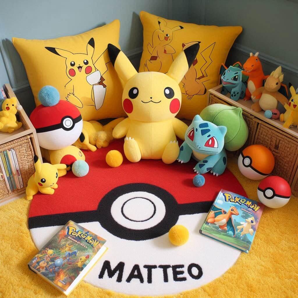 Un coin lecture pour enfant sur le theme de pokemon, personnalisé avec le prénom matteo