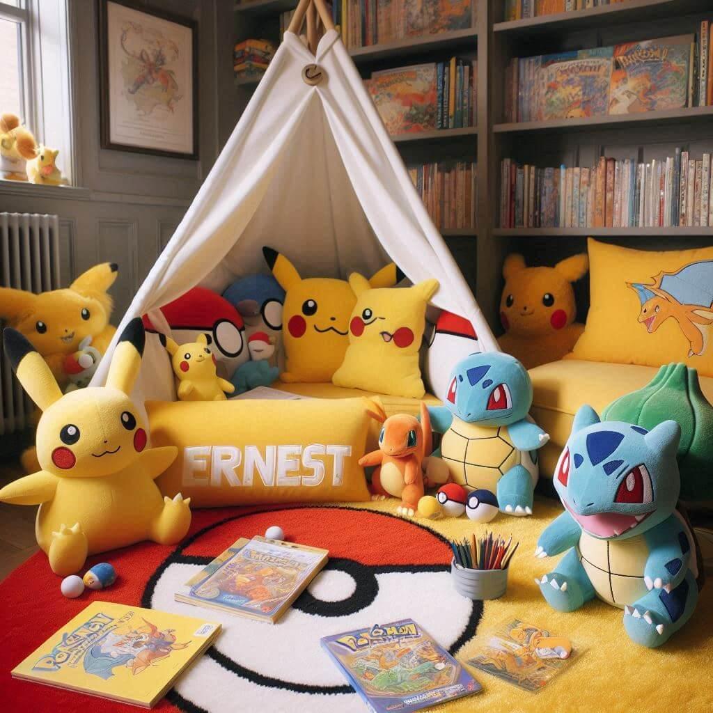 Un coin lecture pour enfant sur le theme de pokemon avec des tons jaune rouge et bleu inspires des celebres creatures et de leurs aventures un tapis doux orne de motifs de pokeball