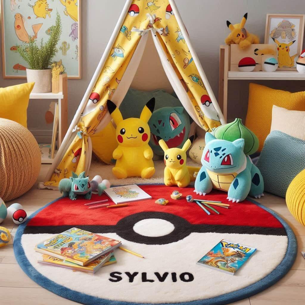 Un coin lecture pour enfant sur le theme de pokemon avec des tons jaune rouge et bleu inspires des celebres creatures et de leurs aventures un tapis doux orne de motifs de pokeball