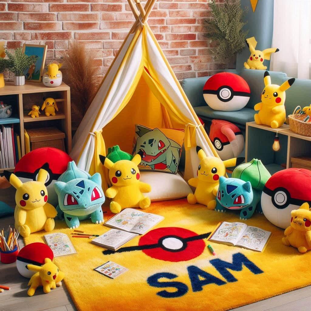 Un coin lecture pour enfant sur le theme de pokemon avec des tons jaune rouge et bleu inspires des celebres creatures et de leurs aventures un tapis doux orne de motifs de pokeball