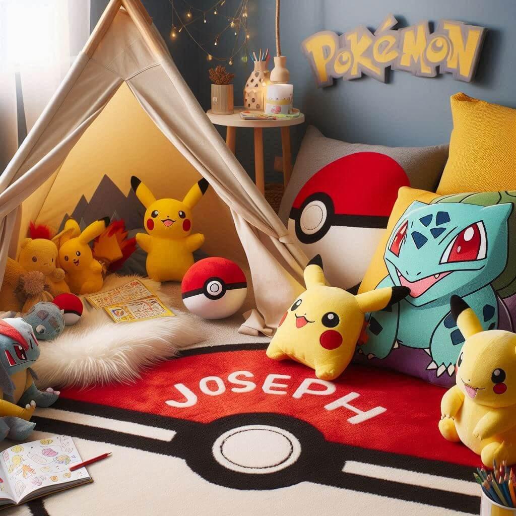 Un coin lecture pour enfant sur le theme de pokemon avec le prenom joseph