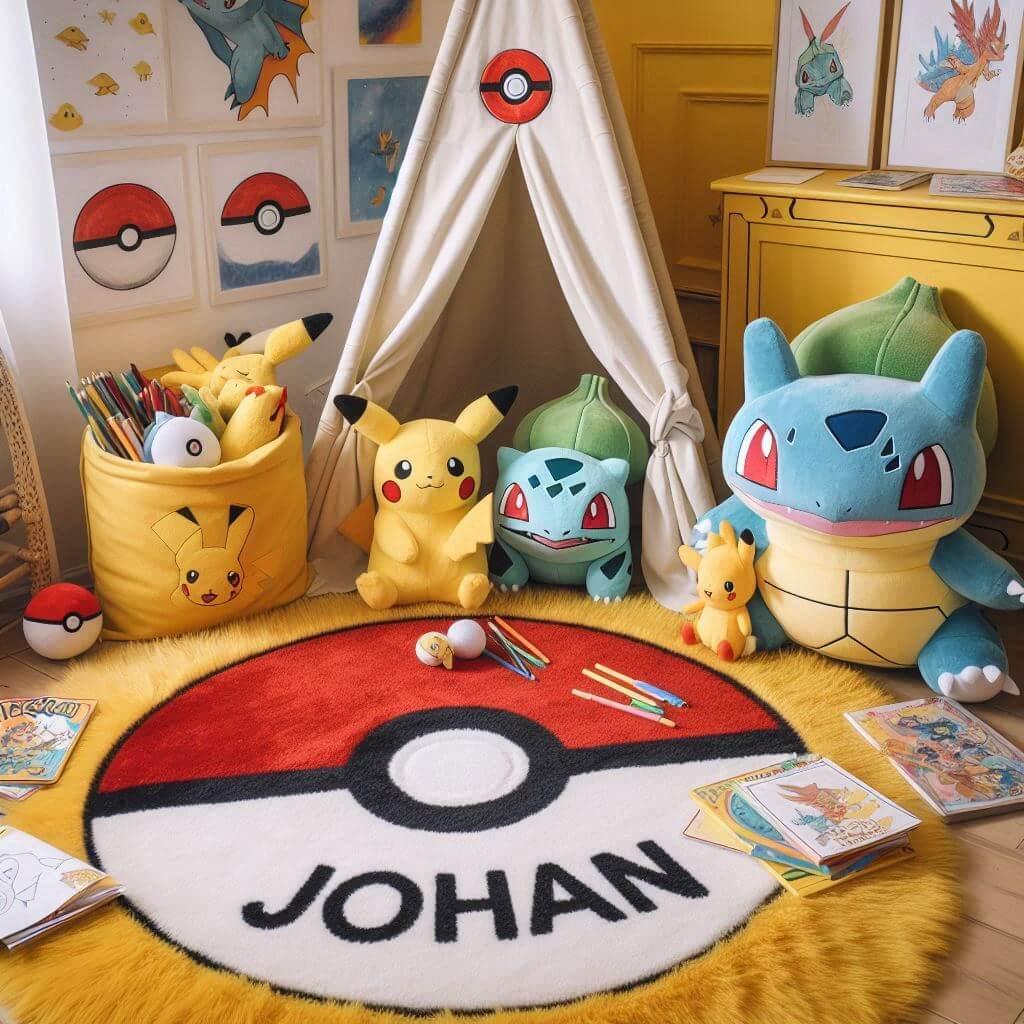 Coin lecture pour enfants avec le prénom Johan, thème Pokémon, tapis Pikachu, Pokéballs et peluches.