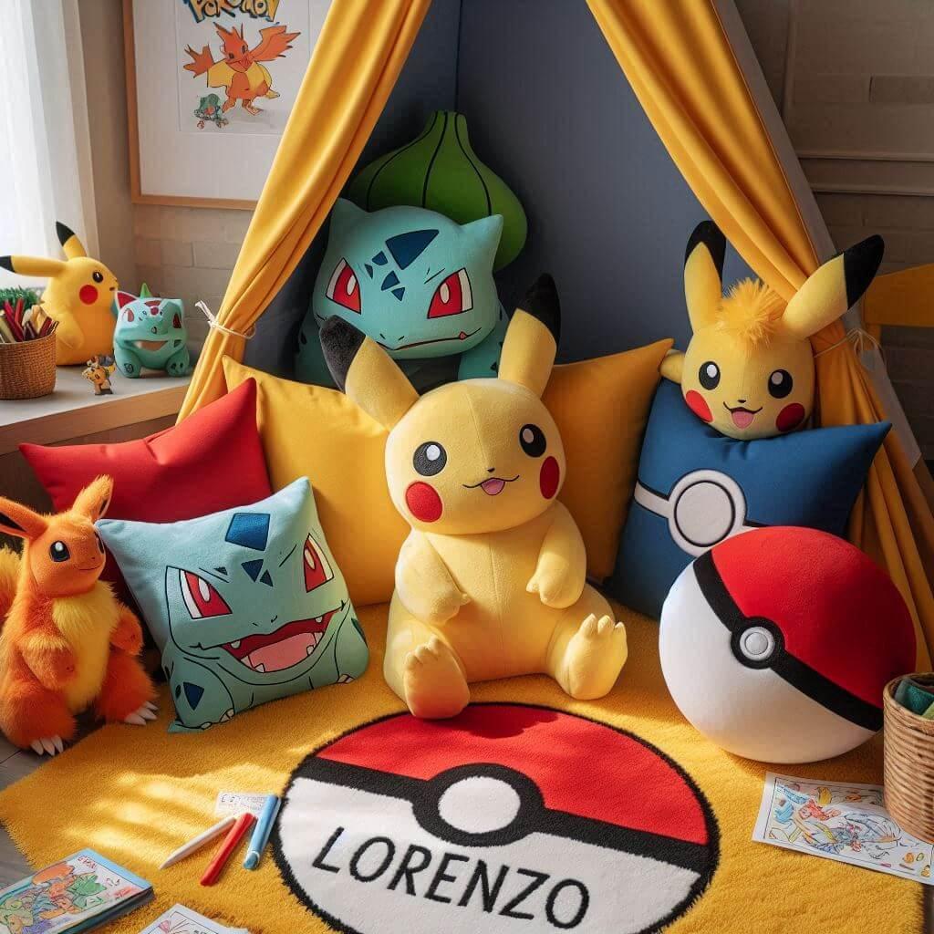 Coin lecture enfant thème Pokémon avec tapis Pikachu, Pokéballs, peluches et prénom Lorenzo.