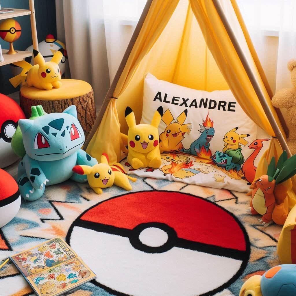 Coin lecture enfant sur le thème de Pokémon avec tons jaune, rouge et bleu, tapis doux motif Pokéball, personnalisé pour Alexandre