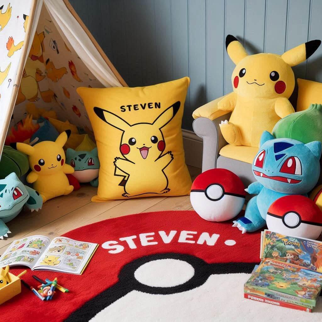 Un coin lecture pour enfant sur le theme de pokemon avec des tons jaune rouge et bleu inspires des celebres creatures et de leurs aventures un tapis doux orne de motifs de pokeball