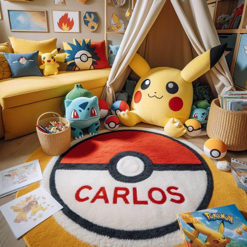 Un coin lecture pour enfant sur le theme de pokemon avec des tons jaune rouge et bleu inspires des celebres creatures et de leurs aventures un tapis doux orne de motifs de pokeball