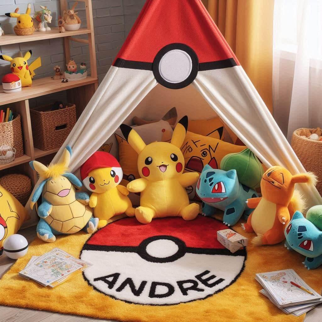 Un coin lecture pour enfant sur le theme de pokemon avec des tons jaune rouge et bleu inspires des celebres creatures et de leurs aventures un tapis doux orne de motifs de pokeball