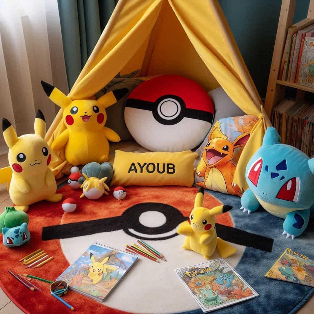 Un coin lecture pour enfant sur le theme de pokemon avec des tons jaune rouge et bleu inspires des celebres creatures prenom ayoub