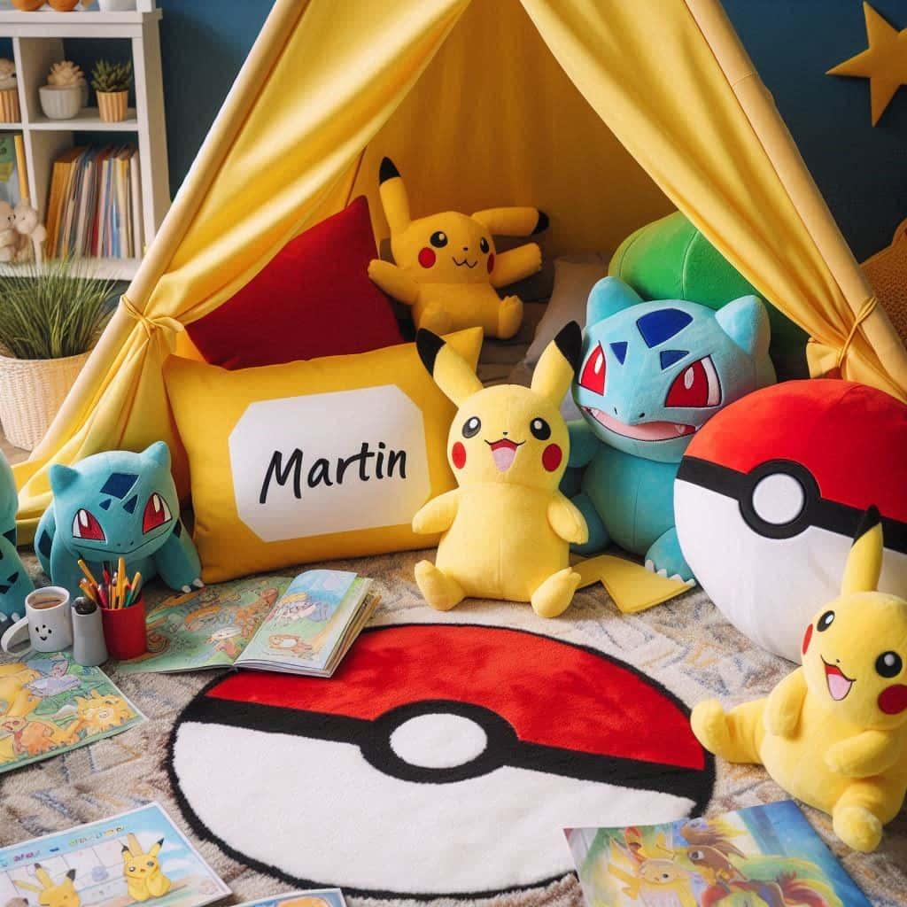 Un coin lecture pour enfant sur le theme de pokemon avec des tons jaune rouge et bleu prenom martin