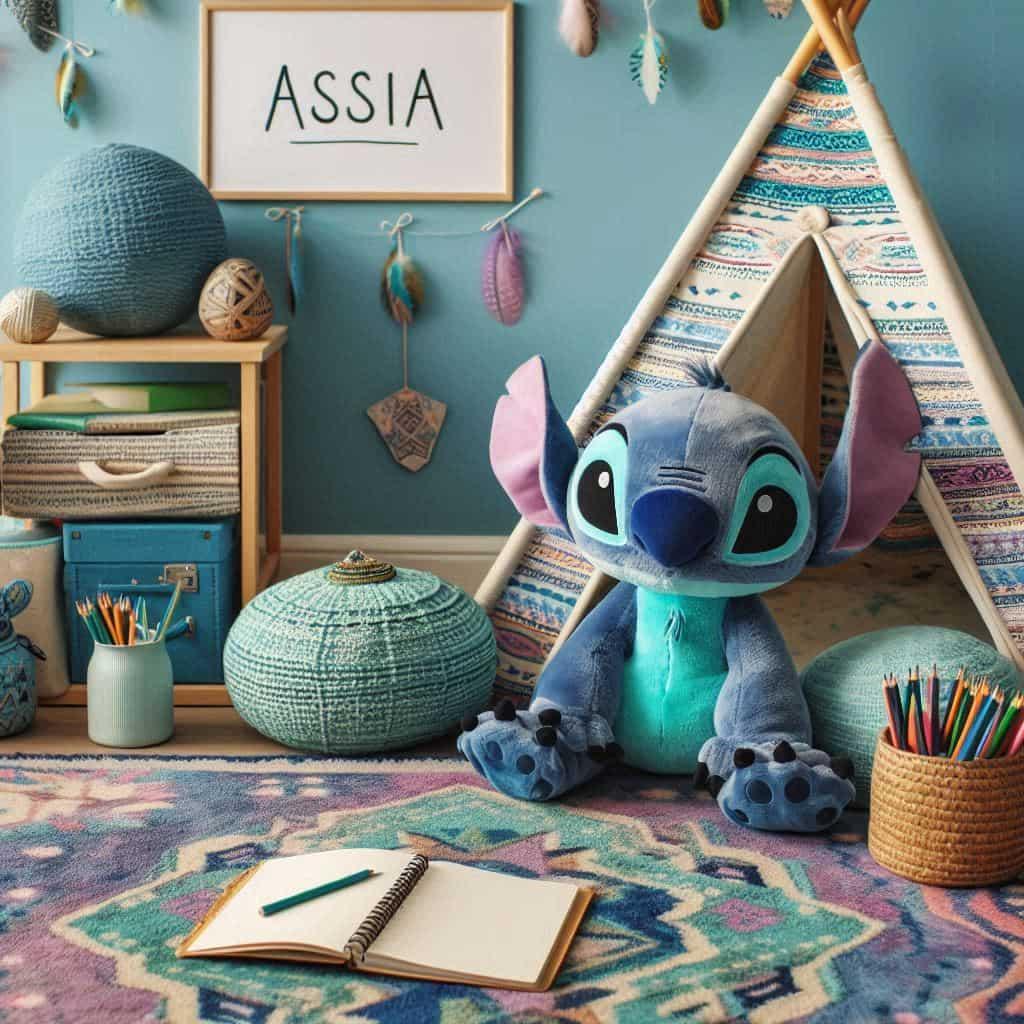 Un coin lecture pour enfant sur le theme de stitch avec des tons bleus verts et violets prenom assia