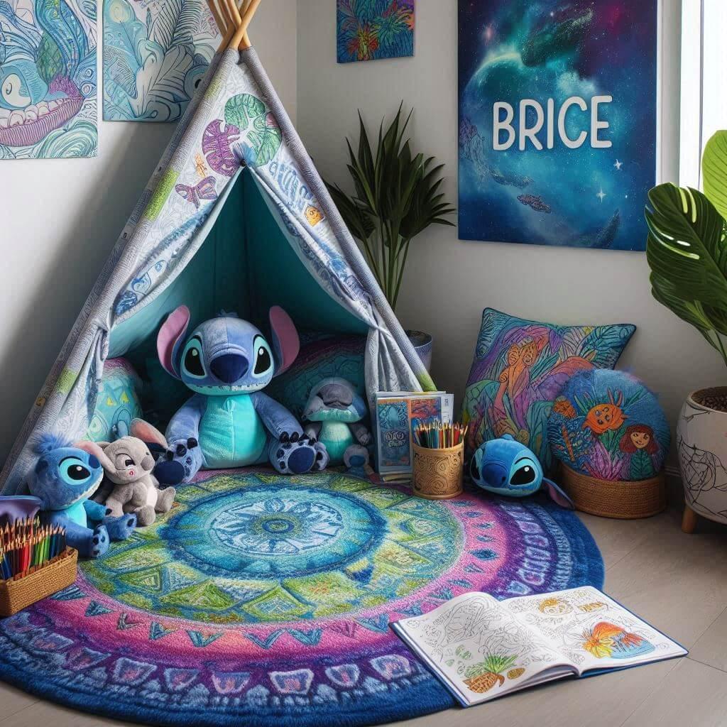 Un coin lecture pour enfant sur le theme de stitch avec des tons bleus verts et violets un tapis doux orne de motifs exotiques et des peluches de stitch et ses amis ajoutent une to