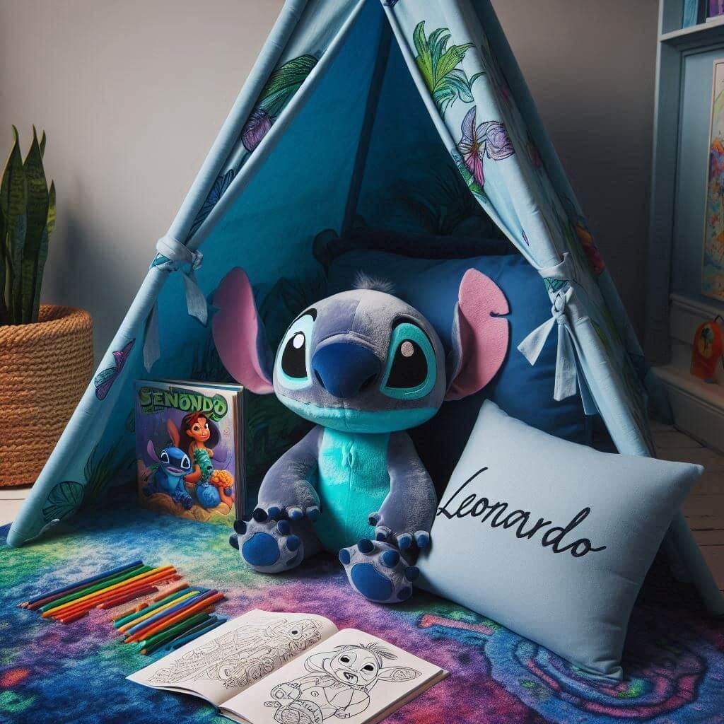 Coin lecture enfant thème Stitch avec tapis exotique, peluches et tipi, tons bleus, verts et violets
